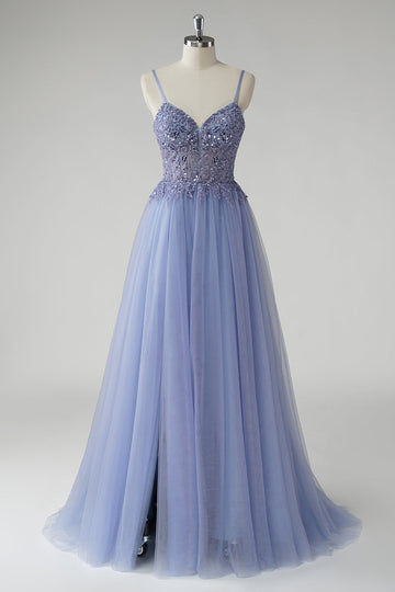 Sparkly Grey Blue A Line Long Beaded Tulle Prom Dress with Slit
